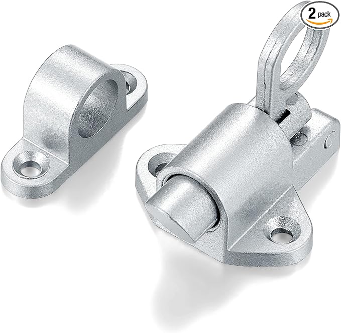 2 Packs Self-Closing Latches，Silver Gray Spring Door Lock，Resilient Bolt Latch Aluminum Alloy Safety Automatic Spring Barrel Slide Door Lock with Screws,Used for Gate,Window and Cabinet etc