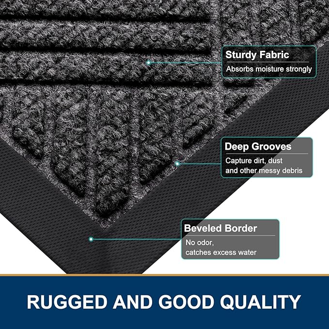 Smiry Front Door Mat Outside Entrance, Heavy Duty Outdoor Indoor Natural Rubber Doormat, Non Slip, Trap Dirt and Moisture, Easy Clean, Low Profile Patio Porch Entryway Mat, 29.5x17, Silver Grey