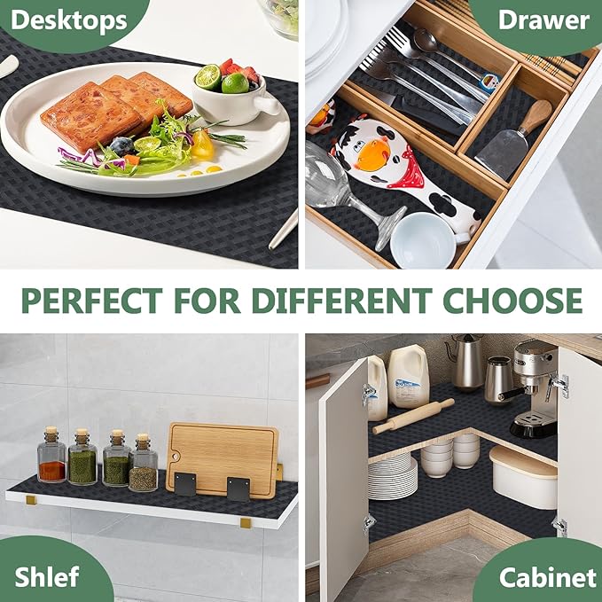 Shelf Liners, Non-Adhesive Drawer Liner, Waterproof & Oil-Proof Kitchen Cabinet Cupboard Liner Plastic EVA Material BPA Free Fridge Liner Mats Paper Protector for Shelves (Black/20in x 240in)