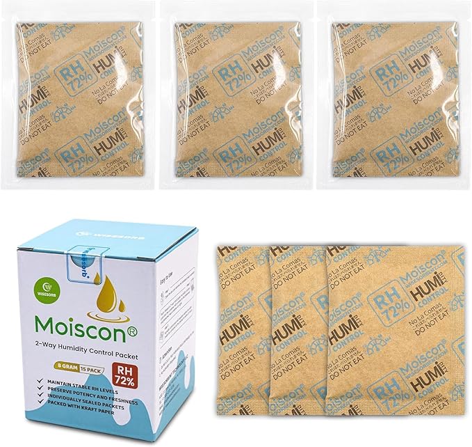 72% Two-Way Humidity Control Packs- 8 Gram Moisture Absorbers for Herbs, Wood Humidifier Boxes - Natural Craft Paper Design, Individually Sealed Packets, Prevents Leaks [15 Pack]