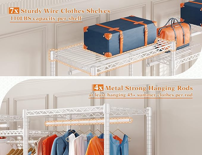 Raybee Clothing Racks for Hanging Clothes Heavy Duty Clothes Rack Load 750LBS Garment Rack, 77" H x 70.5" W x 13.8" D, White