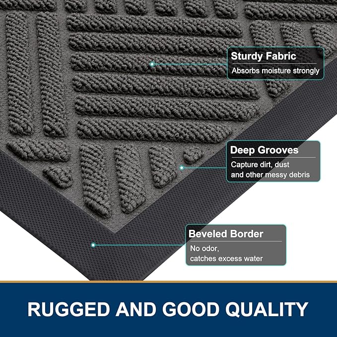 Smiry Front Door Mat Outside Entrance, Heavy Duty Outdoor Indoor Natural Rubber Doormat, Non Slip, Trap Dirt and Moisture, Easy Clean, Low Profile Patio Porch Entryway Mat, 47x32, Grey