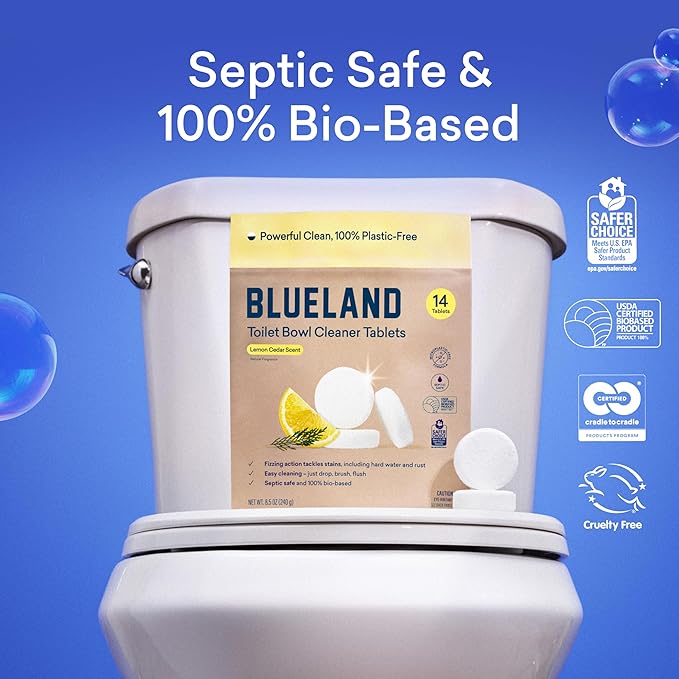 BLUELAND Toilet Bowl Cleaner Tablets, 2-Pack, 28 Count, Lemon Cedar, Plastic-Free, No Harsh Chemicals, Plant-Based