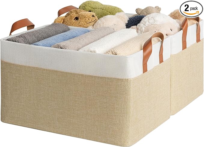 GRANNY SAYS Storage Baskets for Shelves, Closet Organizer Bins, Clothes Storage Bins with Metal Frame, Extra Large Baskets for Organizing and Storage, Collapsible, Khaki, 2-Pack