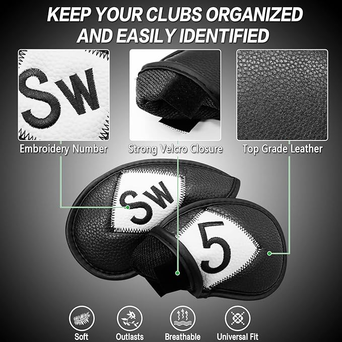 FINGER TEN Premium Synthetic Leather Stylish Iron & Wedge Golf Head Covers Value 12 Piece Set, Embroidered Labels & Fits Most Clubs Gift Set, Travel Protection Accessories