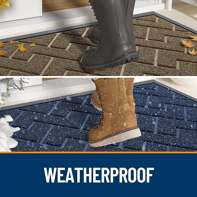 OLANLY Front Door Mat Indoor Outdoor Entrance, Waterproof All-Season, All-Weather Doormat, Sturdy Natural Rubber, Low Profile, Easy Clean Patio Porch Entryway Mat, Herringbone Brick (Brown, 29.5x17)