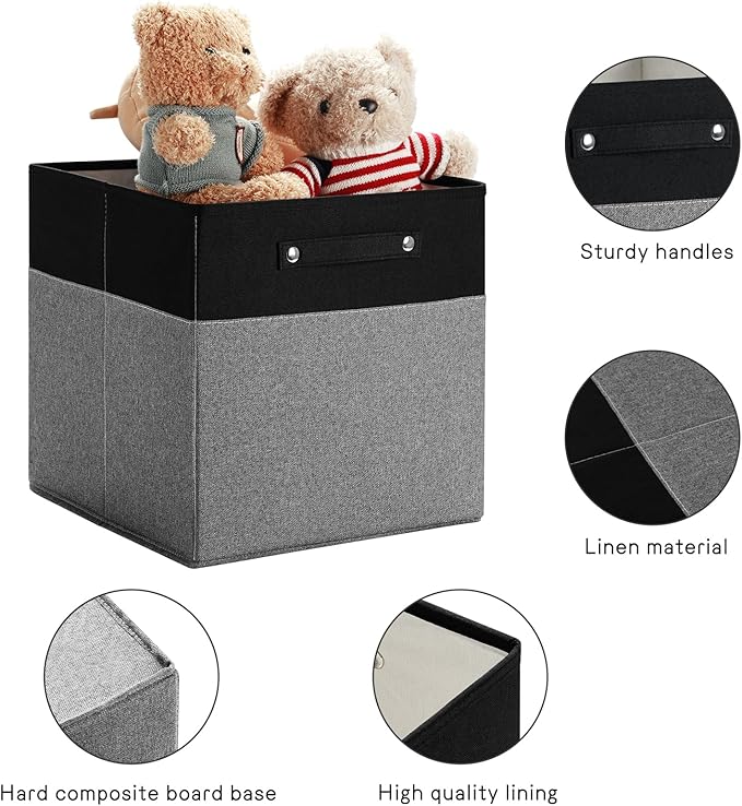 13 x 13 Inch Fine Linen Storage Bins with Handles，Fabric Cube Boxs，Collapsible Basket Organizers for Shelves for Home, Closet Drawers (Black/Gray-6 Pack)