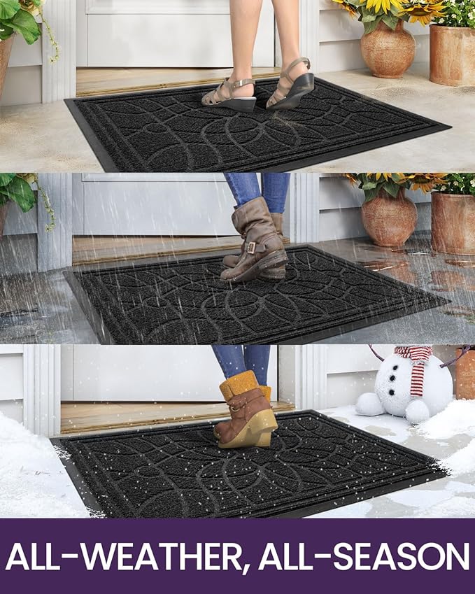 DEXI Front Door Mat Outside Entrance, Heavy Duty Non Slip Low Profile Doormat for Entryway, Trap Dirt and Moisture Welcome Mats, Easy Clean, Patio, Garage, 3x2, Black