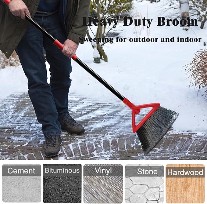 Heavy Duty Angle Broom, 3 Pack Longer Commercial Brooms, Swipe Brooms for Sweeping Indoor Outdoor, Perfect Red Broom of Kitchen, Garage, House, Restaurant