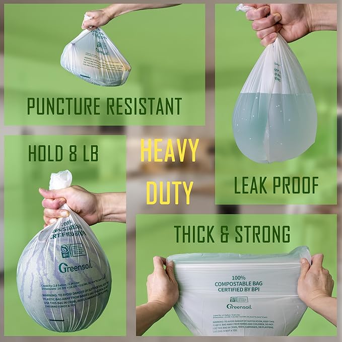 Greensoil 100% Compostable Waste Bags 2.6 Gallon, Extra Thick Kitchen Small Compost Bags for Countertop Bin, Bathroom or Office Waste, ASTM D6400 BPI Certified Compostable & Leak Proof, 100 Pack