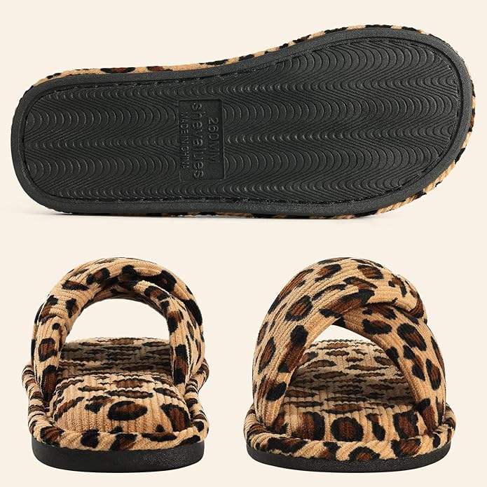 Evshine Summer House Slippers for Women Corduroy Cross Bow Indoor Slippers Open Toe Slip On Bedroom Shoes with Memory Foam