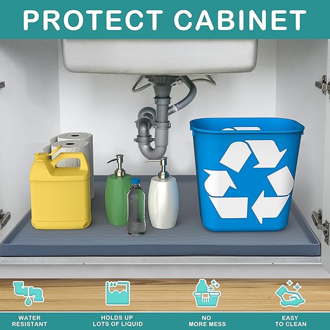 URMONA Waterproof Silicone Under Sink Mat 28'' x 19'' Shelf Liner for Kitchen and Bathroom, Cabinet and Counter Protector, Storage and Organizers, Litter Mat, Pet Cat Puppy Essentials(Light Grey)