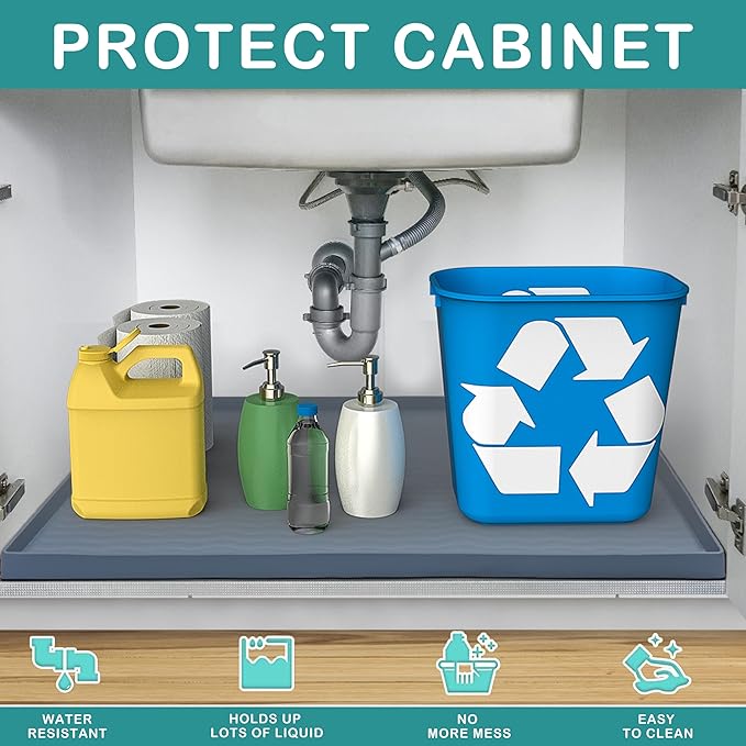 URMONA Waterproof Silicone Under Sink Mat 34'' x 22'' Shelf Liner for Kitchen and Bathroom, Cabinet and Counter Protector, Storage and Organizers, Litter Mat, Pet Cat Puppy Essentials(Dark Grey)