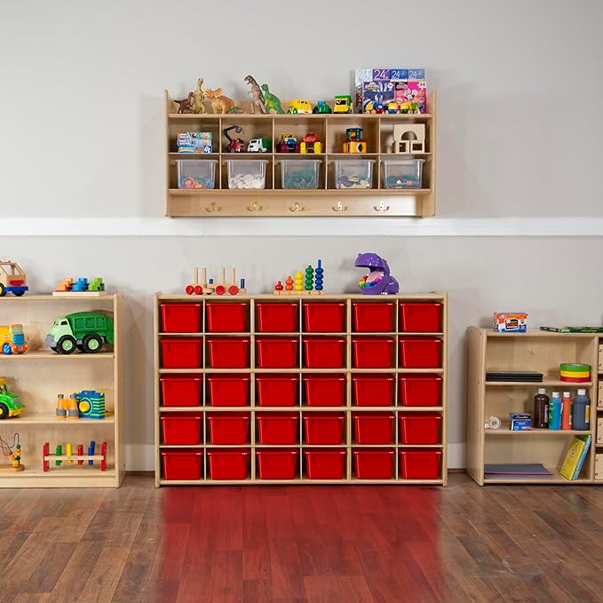 Wood Designs Cubby Storage Bin, Heavy Duty Plastic Containers for Kids Red Cubby Tray Set of 12