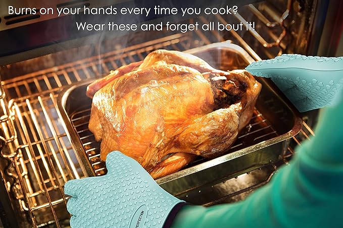 KITCHEN PERFECTION XL Silicone Smoker Oven Gloves -Extreme Heat Resistant BBQ Gloves -Handle Hot Food Right on Your Grill Fryer & Pit | Waterproof Oven Mitts Grill Gloves |Superior Value Set+3 Bonuses