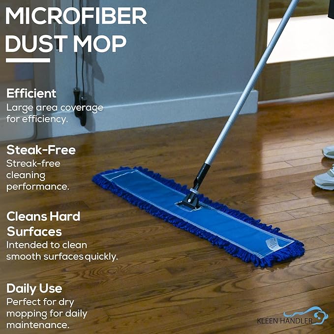 KLEEN HANDLER 6 Pack of 18 Inch Microfiber Dust Mop, Large Washable Commercial Mop Head Replacement, Sweeper, Janitorial Dust Mops, Blue