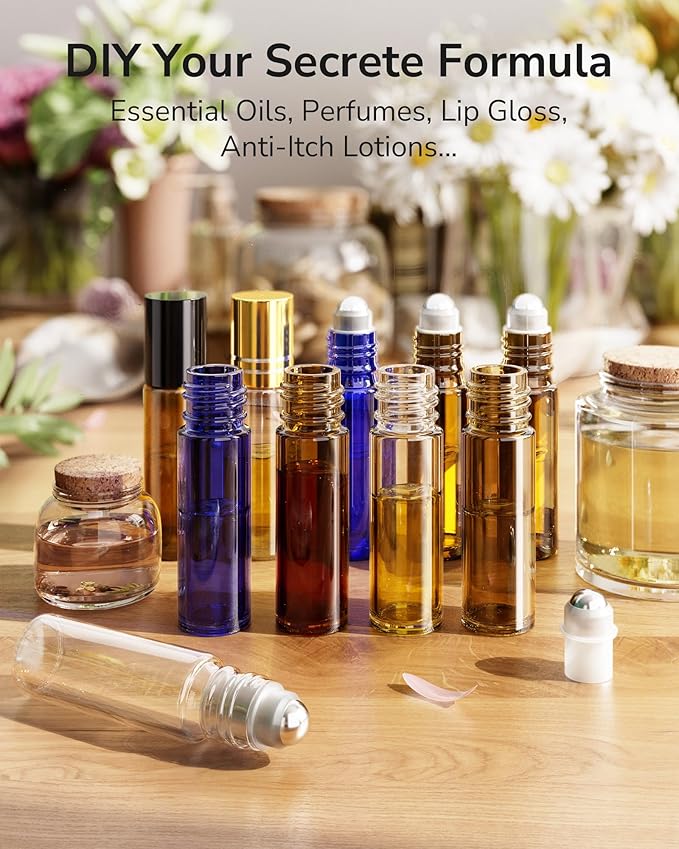 ULG 24-Pack Essential Oil Roller Bottles 10ml, Empty Bottles with Stainless Steel Roller Balls and Waterproof Labels, Clear Roller Balls For Essential Oils