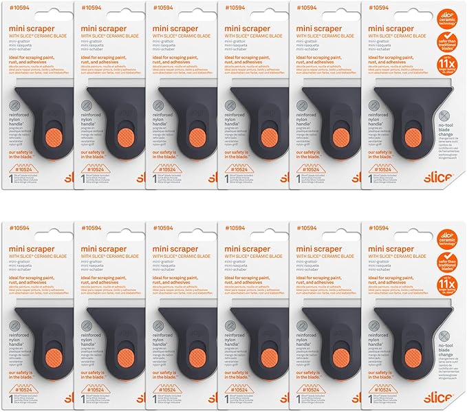 Slice 10594-CS Small Scraper, Ceramic Blade, Lasts 11x Longer Than Metal, Finger Friendly, Never Rusts, No Strain on Thumb or Hand, Blade Locks in Position, Compact Size, Left or Right Hand, 12 Pack