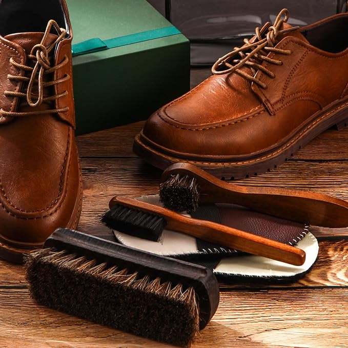 6 Pcs Horsehair Shine Shoes Brush Kit Polish Dauber Applicators Cleaning Leather Shoes Boots Care Brushes Suede Cleaner Brush with Microfiber Shoe Gloves(6 Pcs Style E)