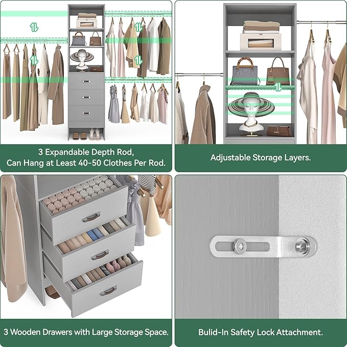 96'' Closet Organizer System with 3 Hanging Rods (Without 3 Storage Shelves), 8FT Closet Systems, Wall Mount Bedroom Wardrobe with 3 Wood Drawers, Adjustable Garment Rack from 5 to 8FT, Grey