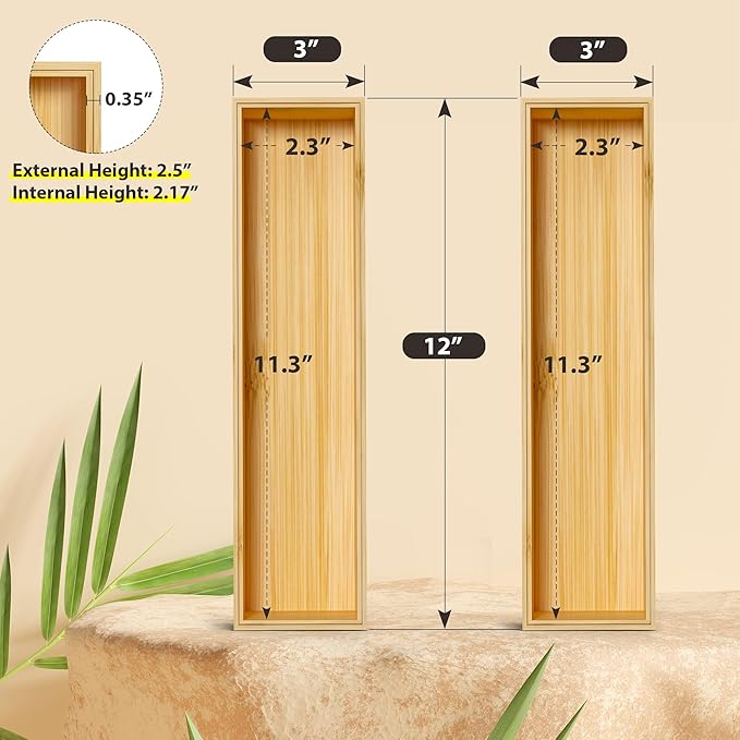 Kitchen Drawer Organizer Bins, Stackable Bamboo Deep Drawer Organizer for Silverware, Utensils, Cutlery, Flatware, Junk Drawer, Dresser, Bathroom, 12" x 3" x 2.5" (Set of 2)