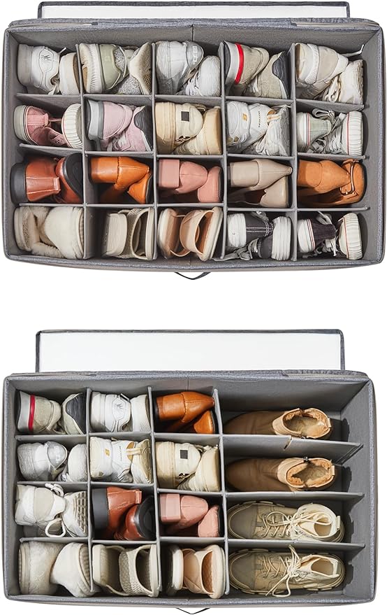 Shoe Storage Organizer for Closet, Shoe Box Organizer, Space Saving Foldable Shoe Rack, Shoe Storage Cabinet with Clear Cover and Reinforced Handles, Fits 20 Pairs, Black