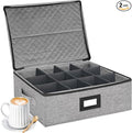 Coffee Mug Storage Box with Dividers, Durable China Storage Containers for Coffee Mugs, Tea Cups Storage Organizer with Lid, Handles, Label Window, Holds 12 Mugs, Hard Shell and Stackable (Grey)