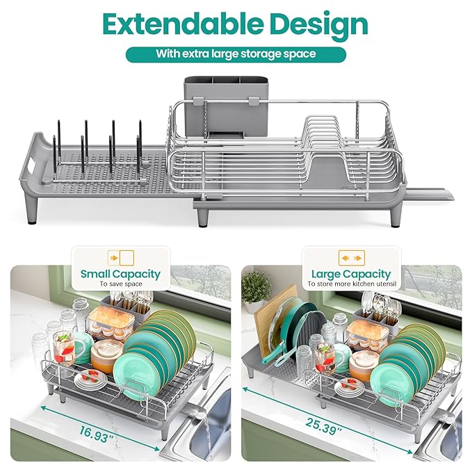 Expandable Dish Drying Rack, Foldable Dish Rack for Kitchen Counter, Stainless Steel Collapsible Dish Drainer Racks with Cutlery Holder, Gray