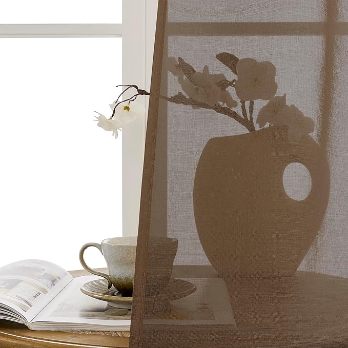 Tollpiz Short Sheer Door Curtain Closet Linen Textured Curtain Sheers Doorway Light Filtering Voile Patio Glass Door Rod Pocket Curtains French Door, 54 x 54 inches Long, Brown, Set of 1 Panel