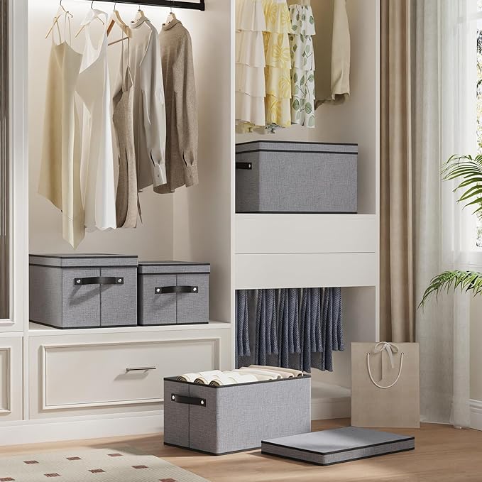 Clothing Storage Bins, Blanket Baskets for Shelves, Fabric Cubes with Handles and Lids, Decorative Linen Closet Organizers Boxes, Gray, 5 Pack, 16.5 x 11.8 x 10.2 Inch