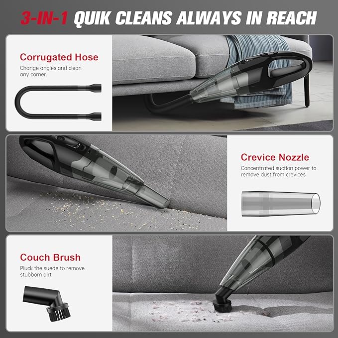 Handheld Vacuum Cordless Rechargeable, 1.65LBs Hand Held Vacuum Cordless, Car Vacuum Portable with LED, USB Charge, for Car/Home/Pet