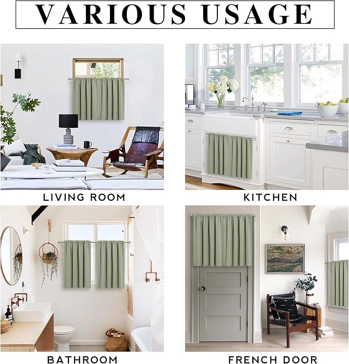 RYB HOME RV Curtains for Camper Windows - Soft Thermal Insulated Small Window Curtain Tiers for Cafe Kitchen Bedroom Basement Glass Door Window, W 42 x L 30 inches, Sage Green, 2 Panels