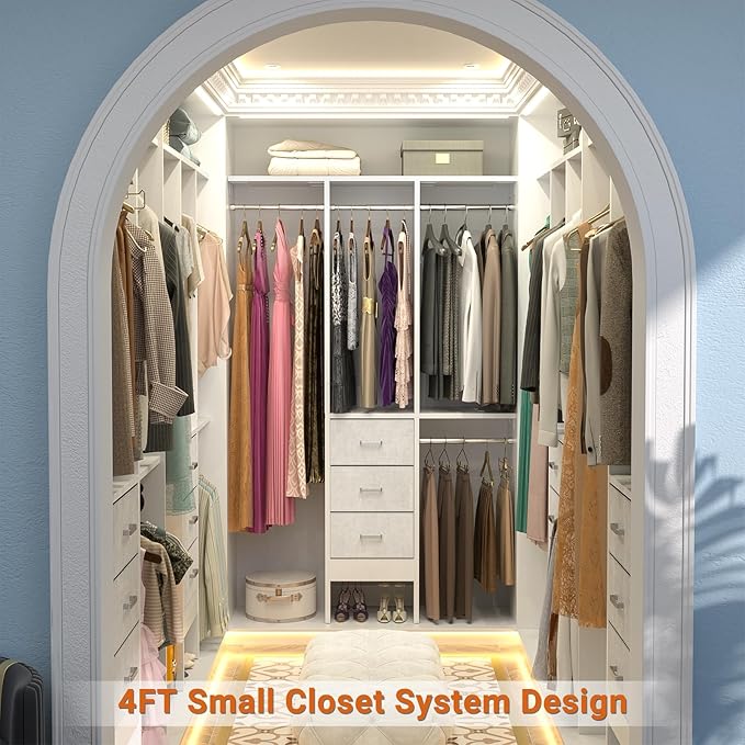 4FT Small Closet System with 3 Fabric Drawers, 48'' Closet Organizer System With 3 Adjustable Shelves, Flexible Built-In Clothes Garment Rack for Small Space, 48" L x 13" W x 71" H, White