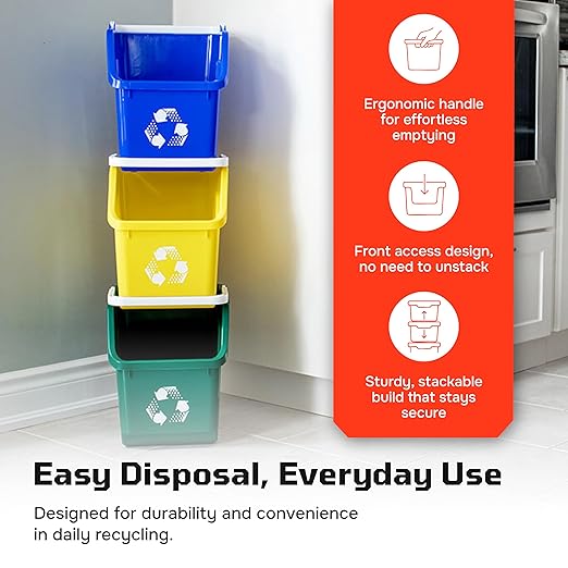 6 Gallon Stackable Recycling Bins for Homes, Garages, Offices Made of 100% Recycled Plastic - (Red, 6 Pack)