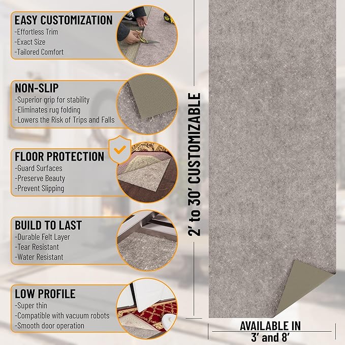 Ottomanson 8' x 11' Non-Slip Rug Pad Gripper 1/4 Inch Thick Dual Surface Felt + Rubber Gripper - Safe for All Floors, Brown