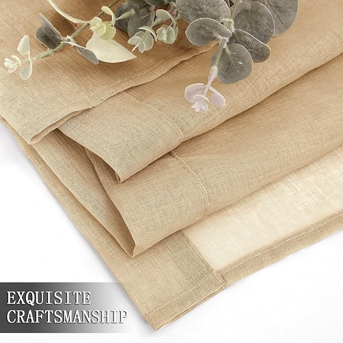 Tollpiz Short Sheer Tier Curtains Linen Textured Half Kitchen Curtain Sheers Light Filtering Rod Pocket Voile Small Curtain for Bathroom, 25 x 24 inches Long, Beige, Set of 2 Panels