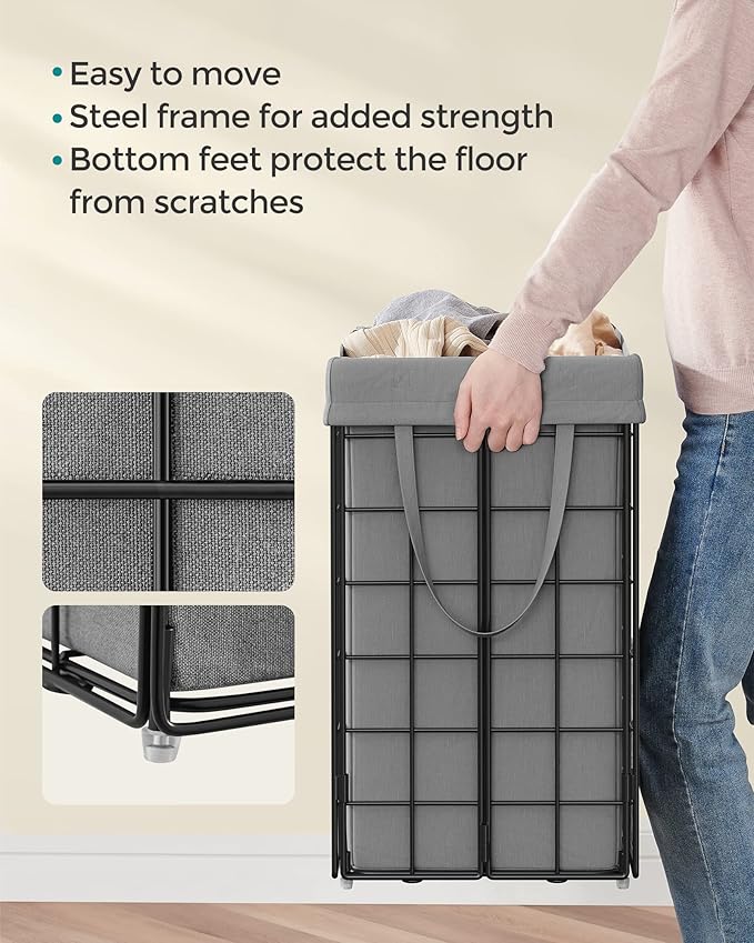SONGMICS 29 Gal. (110L) Laundry Basket, Laundry Hamper, Collapsible Clothes Hamper, Removable and Washable Liner, Metal Wire Frame, for Bedroom Bathroom, Black and Gray ULCB111G01