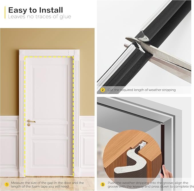 Ravinte Weather Stripping Door Seal Strip Soundproof "Q" Foam Weather Stripping for Door Frame, Exterior Door Weather Stripping for Large Gap, Easy to Install（Black, 28FT)