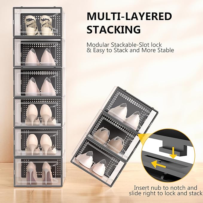12 Pack XX Large Shoe Organizer Storage Boxes for Closet, Modular Space Saving Shoe Boxes Clear Plastic Stackable Sneaker Containers Display Case with Lids, Black