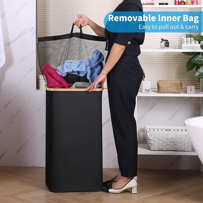 100L Laundry Basket with Lid and Net Bag, Tall Laundry Hamper with Bamboo Handles, Aesthetic Dirty Clothes Bin for Laundry Room, Bathroom, Bedroom and Dorm, Black