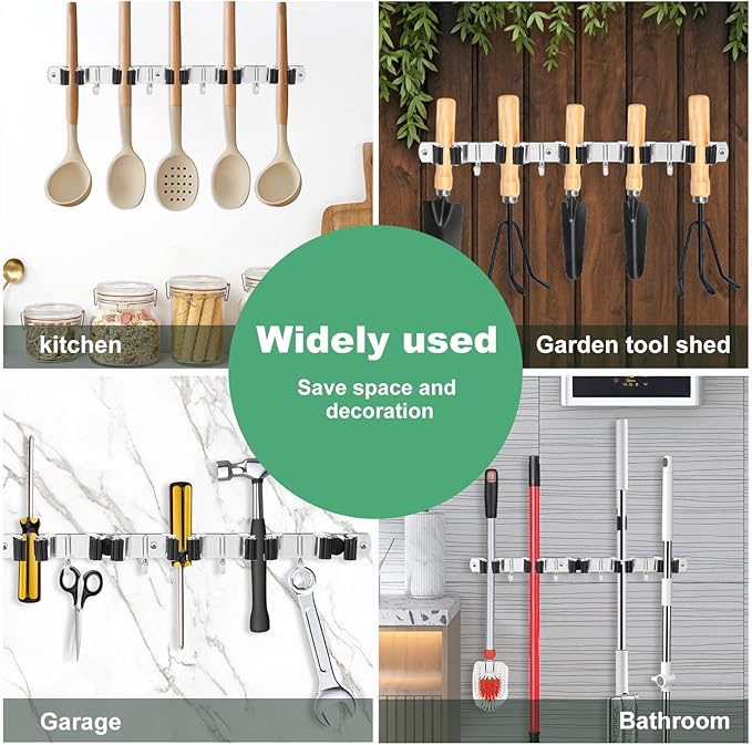 3Pcs 5 Racks 4 Hooks Stainless Steel Broom Mop Holder Anti Slip Wall Mount Broom Storage Rack Strong Load Bearing Waterproof Mop Broom Organizer for Bathroom Kitchen Garage