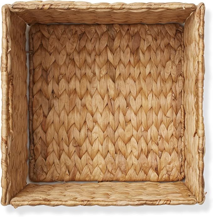 Casafield 10.5" x 10.5" Water Hyacinth Storage Baskets, Natural - Set of 4 Collapsible Cube Organizers, Woven Bins for Bathroom, Bedroom, Laundry, Pantry, Shelves
