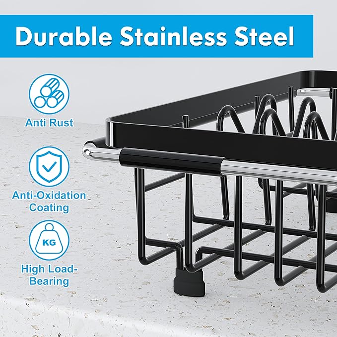 JASIWAY in Sink Dish Drying Rack, Expandable Stainless Steel Dish Drainers for Kitchen Sink, Over Sink Dish Drying Rack with Utensil Holder, 13.1''~16.6''D x 11.8''W, Black