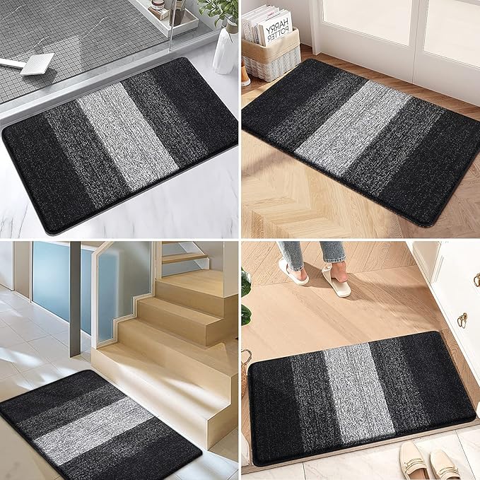 Kitinjoy Indoor Outdoor Door Mat, 40x32 Non-Slip Absorbent Dirt Trapper, Low-Profile Washable Inside Entrance Front Floor Mat, Sturdy Soft Entry Doormats for Entryway, Black
