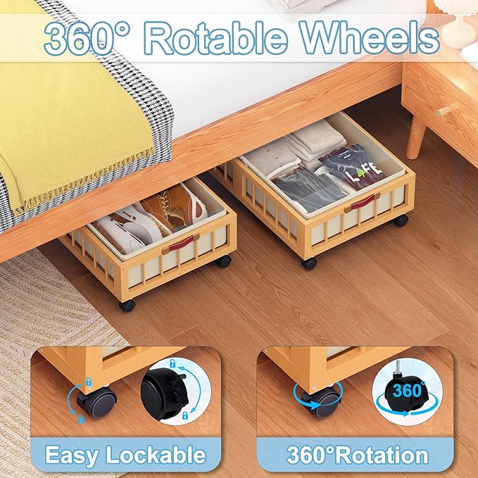efluky 2-Pack Bamboo Under Bed Storage Containers with Wheels, Under Bed Clothes Storage Basket with Large Dust Bag, Rolling UnderBed Storage for Bedroom, Dorm and Basement, Nature