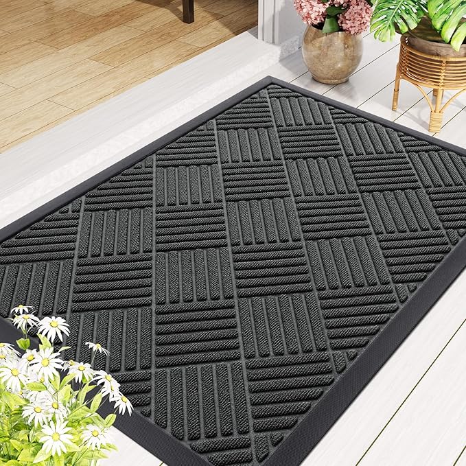 Smiry Front Door Mat Outside Entrance, Heavy Duty Outdoor Indoor Natural Rubber Doormat, Non Slip, Trap Dirt and Moisture, Easy Clean, Low Profile Patio Porch Entryway Mat, 29.5x17, Black