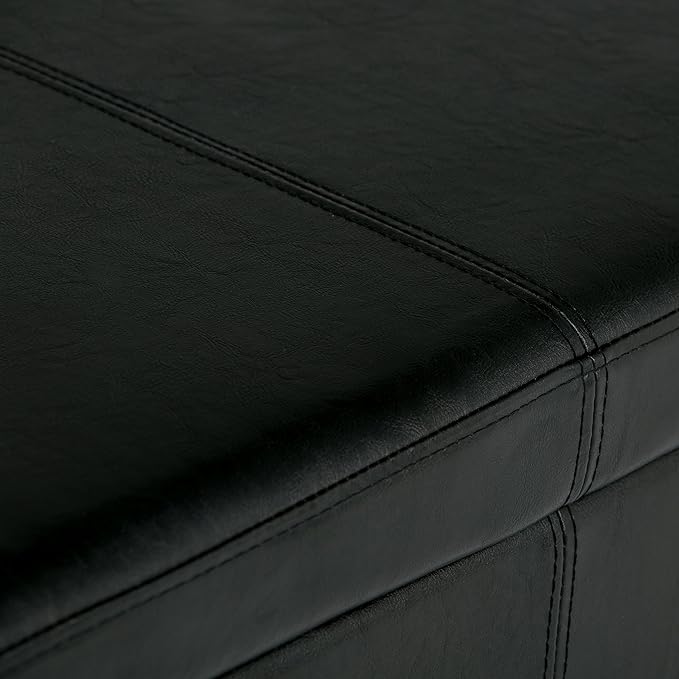 SIMPLIHOME Avalon 48 inch Wide Contemporary Rectangle Storage Ottoman Bench in Midnight Black Vegan Faux Leather, Assembled, for the Living Room, Entryway and Family Room