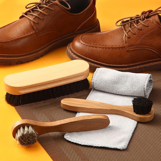 4 Pcs Horsehair Shine Shoes Brush Kit Polish Dauber Applicators Cleaning Leather Shoes Boots Care Brushes Suede Cleaner Brush with Microfiber Shoe Cloth(4 Pcs Style B)