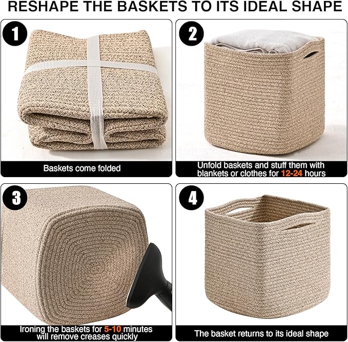 11 Inch Cube Storage Bins, Storage Cube Organizer Bins, Woven Cotton Rope Baskets for Storage, Storage Basket for Organizing Shelves, Square Baskets for Toys Nursery, Brown (Pack of 3)