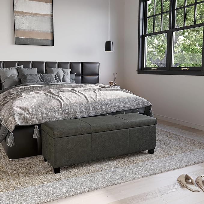BELLEZE Storage Faux Leather Ottoman, 47 Inch Bench Bedroom Bench with Safety Close Hinge, Extra Long Ottoman with Storage for Living Room, Entryway, Hallway, Foot Rest, Support 300lbs - Rustic Gray